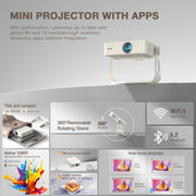 [Officially-Licensed App & Auto Focus]White Smart Mini Projector with WiFi and Bluetooth, XuanPad 4K Support Movie Projector, Portable Native 1080P Outdoor Projector with 360° Stand