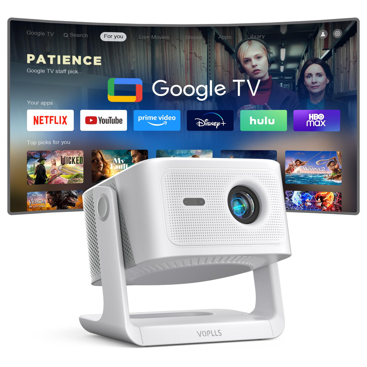 【Official Licensed Google TV】4K Smart Projector with WiFi and Bluetooth, VOPLLS Outdoor Projectors with 50W Dolby/AI Auto Focus, Portable Movie Phone Wireless Gaming Wifi Proyector for Bedroom/Home