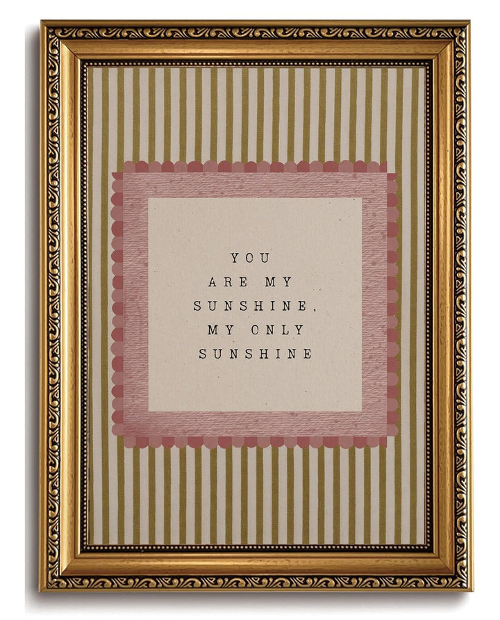 You Are My Sunshine Wall Decor, Vintage Gold Framed Nursery Wall Art, 8x10 | Vintage gold framed nursery wall decor with soft pink accents; sweet quote art for baby girl rooms and cozy nursery spaces