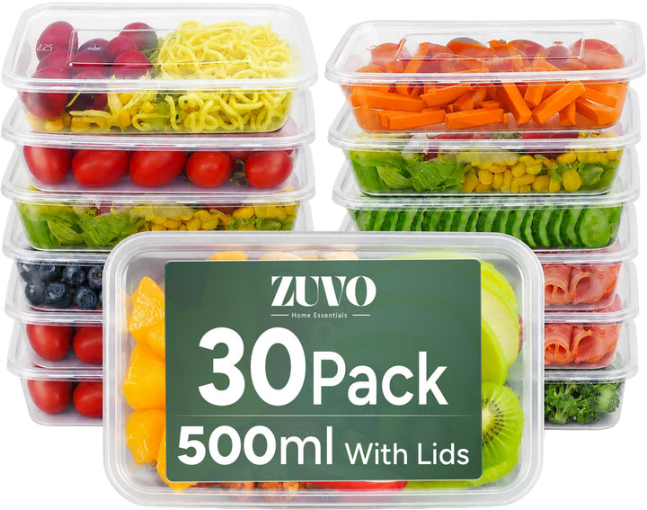 Zuvo Plastic Food Takeaway Containers with Lids, Fridge Freezer, 30 Pack | 500ml, BPA-Free, Microwave & Dishwasher Safe, Stackable, Clear Plastic, Meal Prep, Reusable