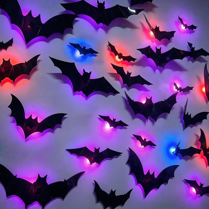 12 Pack Halloween Bats Halloween Decorations LED Bats Wall Decor Indoor | Light Up Flashing Modes, Damage Free Removel, 3D Bat Stickers, for Party Walls Windows Mirrors Garages Door